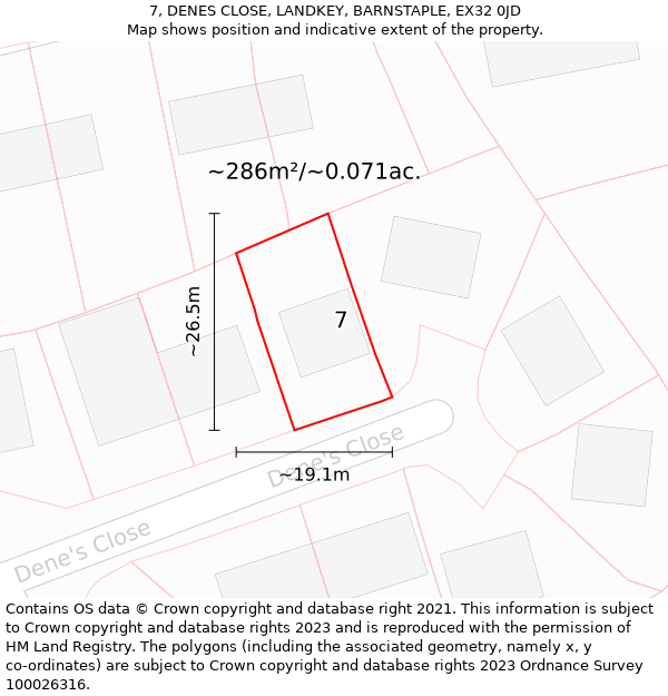 7, DENES CLOSE, LANDKEY, BARNSTAPLE, EX32 0JD: Plot and title map