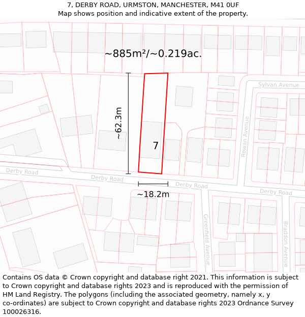 7, DERBY ROAD, URMSTON, MANCHESTER, M41 0UF: Plot and title map