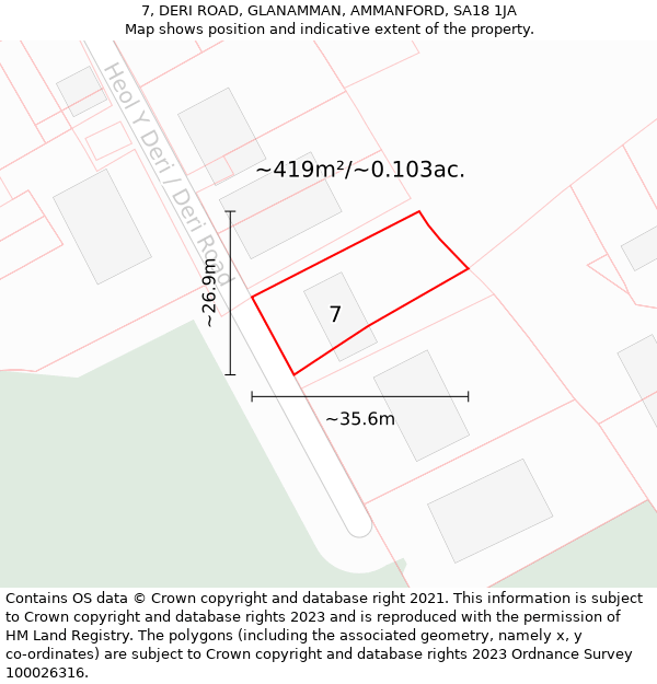 7, DERI ROAD, GLANAMMAN, AMMANFORD, SA18 1JA: Plot and title map