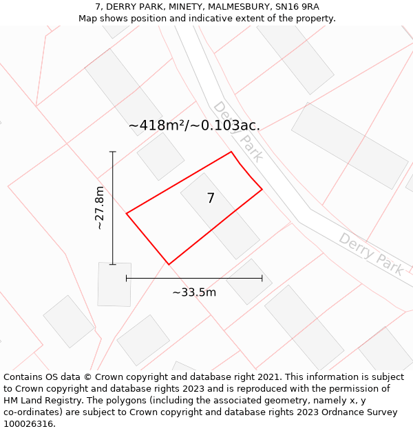 7, DERRY PARK, MINETY, MALMESBURY, SN16 9RA: Plot and title map