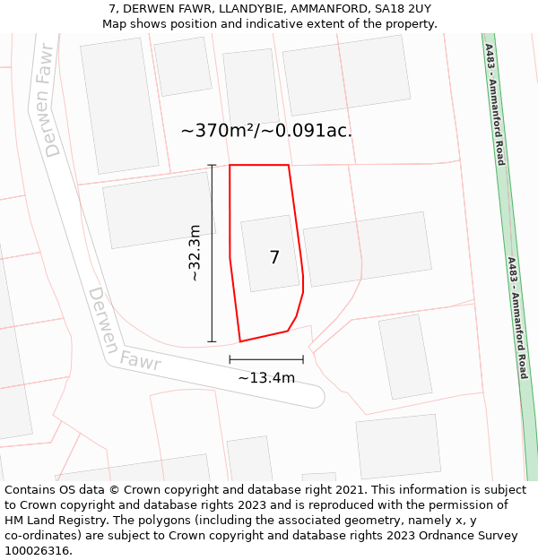 7, DERWEN FAWR, LLANDYBIE, AMMANFORD, SA18 2UY: Plot and title map