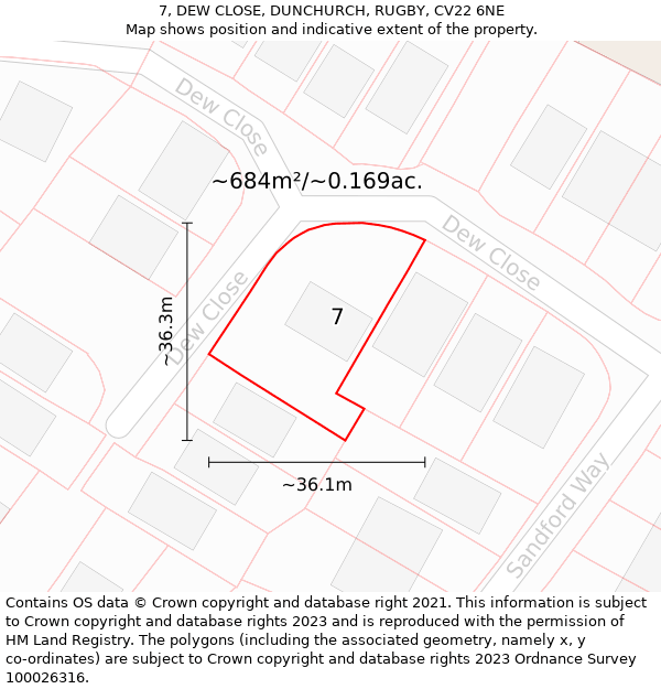 7, DEW CLOSE, DUNCHURCH, RUGBY, CV22 6NE: Plot and title map