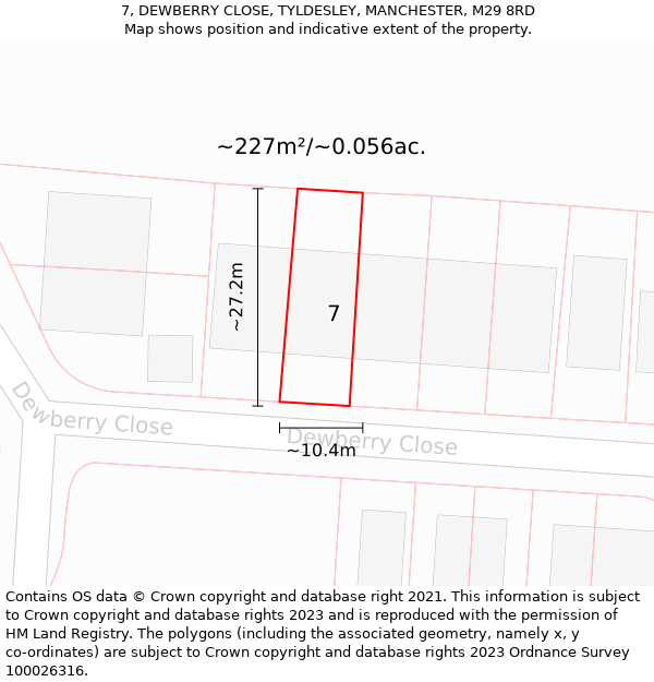 7, DEWBERRY CLOSE, TYLDESLEY, MANCHESTER, M29 8RD: Plot and title map