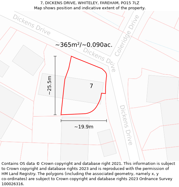 7, DICKENS DRIVE, WHITELEY, FAREHAM, PO15 7LZ: Plot and title map