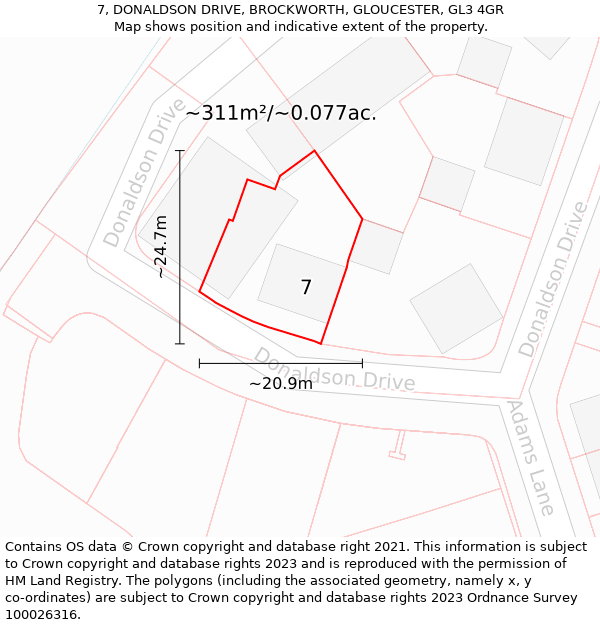 7, DONALDSON DRIVE, BROCKWORTH, GLOUCESTER, GL3 4GR: Plot and title map