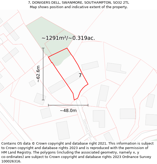 7, DONIGERS DELL, SWANMORE, SOUTHAMPTON, SO32 2TL: Plot and title map