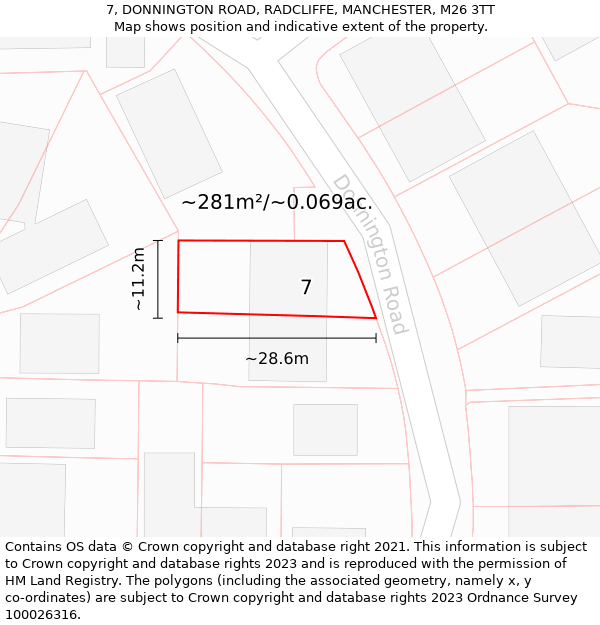 7, DONNINGTON ROAD, RADCLIFFE, MANCHESTER, M26 3TT: Plot and title map