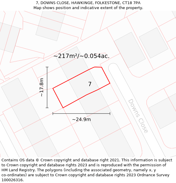 7, DOWNS CLOSE, HAWKINGE, FOLKESTONE, CT18 7PA: Plot and title map