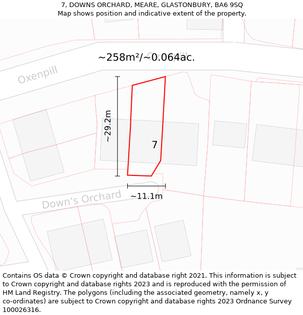 7, DOWNS ORCHARD, MEARE, GLASTONBURY, BA6 9SQ: Plot and title map