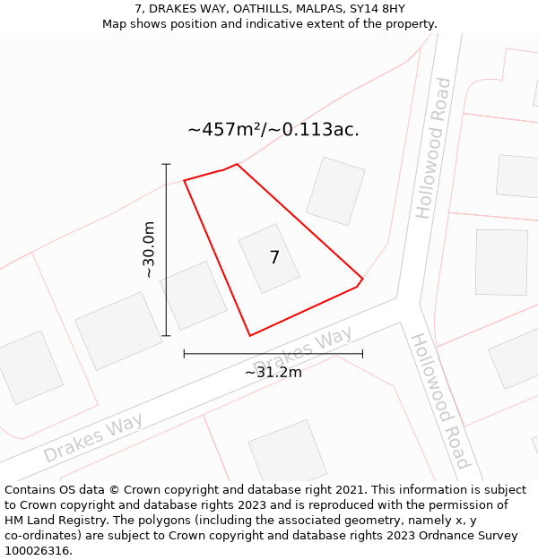 7, DRAKES WAY, OATHILLS, MALPAS, SY14 8HY: Plot and title map