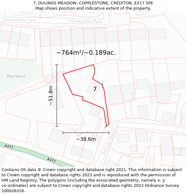 7, DULINGS MEADOW, COPPLESTONE, CREDITON, EX17 5PE: Plot and title map