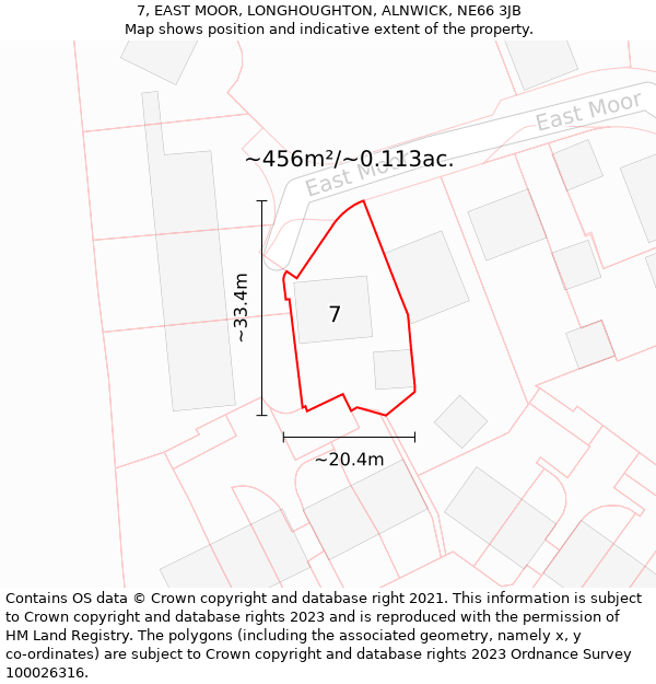 7, EAST MOOR, LONGHOUGHTON, ALNWICK, NE66 3JB: Plot and title map