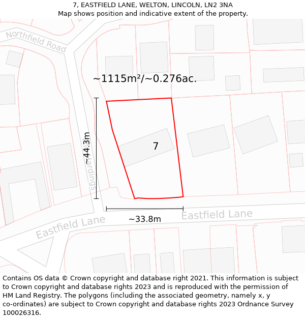 7, EASTFIELD LANE, WELTON, LINCOLN, LN2 3NA: Plot and title map