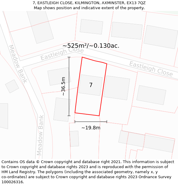 7, EASTLEIGH CLOSE, KILMINGTON, AXMINSTER, EX13 7QZ: Plot and title map