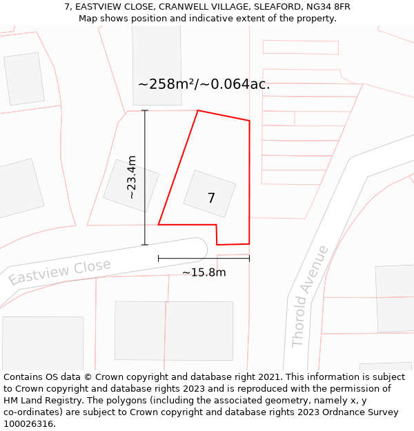 7, EASTVIEW CLOSE, CRANWELL VILLAGE, SLEAFORD, NG34 8FR: Plot and title map