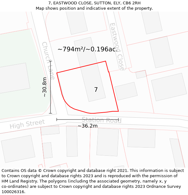 7, EASTWOOD CLOSE, SUTTON, ELY, CB6 2RH: Plot and title map