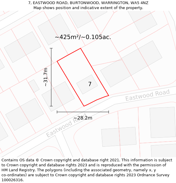 7, EASTWOOD ROAD, BURTONWOOD, WARRINGTON, WA5 4NZ: Plot and title map