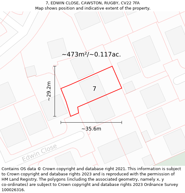7, EDWIN CLOSE, CAWSTON, RUGBY, CV22 7FA: Plot and title map