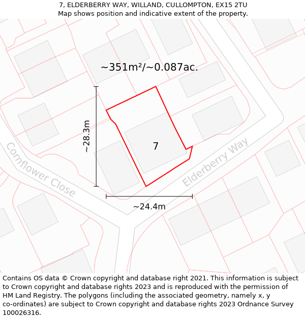 7, ELDERBERRY WAY, WILLAND, CULLOMPTON, EX15 2TU: Plot and title map