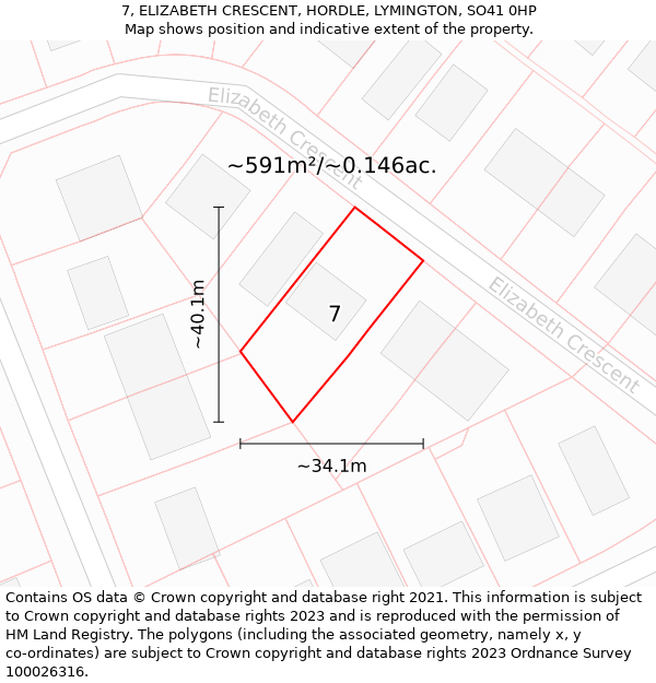 7, ELIZABETH CRESCENT, HORDLE, LYMINGTON, SO41 0HP: Plot and title map