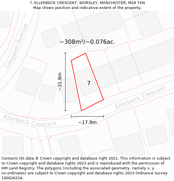 7, ELLERBECK CRESCENT, WORSLEY, MANCHESTER, M28 7XN: Plot and title map