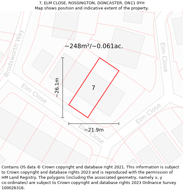 7, ELM CLOSE, ROSSINGTON, DONCASTER, DN11 0YH: Plot and title map