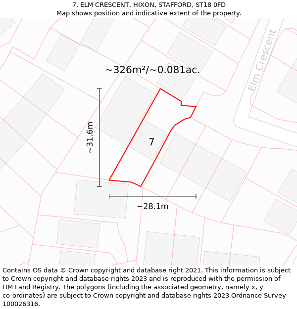 7, ELM CRESCENT, HIXON, STAFFORD, ST18 0FD: Plot and title map