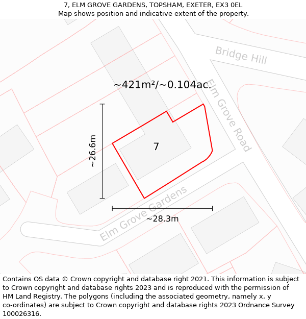 7, ELM GROVE GARDENS, TOPSHAM, EXETER, EX3 0EL: Plot and title map