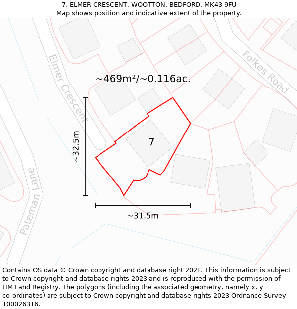 7, ELMER CRESCENT, WOOTTON, BEDFORD, MK43 9FU: Plot and title map