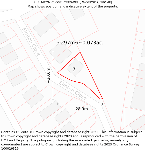 7, ELMTON CLOSE, CRESWELL, WORKSOP, S80 4EJ: Plot and title map