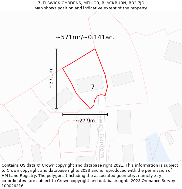 7, ELSWICK GARDENS, MELLOR, BLACKBURN, BB2 7JD: Plot and title map