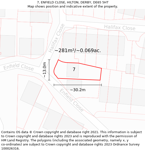 7, ENFIELD CLOSE, HILTON, DERBY, DE65 5HT: Plot and title map