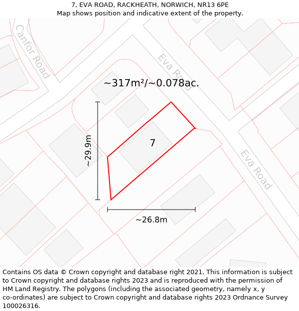 7, EVA ROAD, RACKHEATH, NORWICH, NR13 6PE: Plot and title map