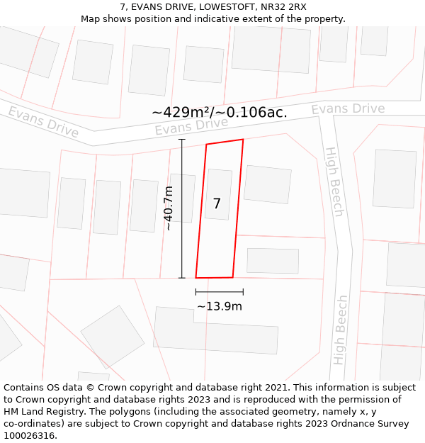 7, EVANS DRIVE, LOWESTOFT, NR32 2RX: Plot and title map