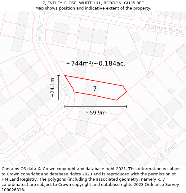 7, EVELEY CLOSE, WHITEHILL, BORDON, GU35 9EE: Plot and title map