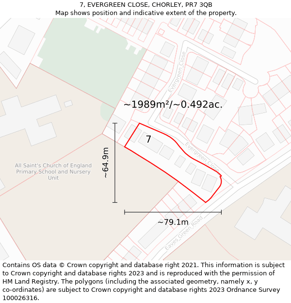 7, EVERGREEN CLOSE, CHORLEY, PR7 3QB: Plot and title map