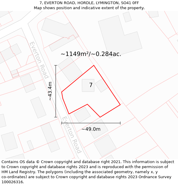 7, EVERTON ROAD, HORDLE, LYMINGTON, SO41 0FF: Plot and title map