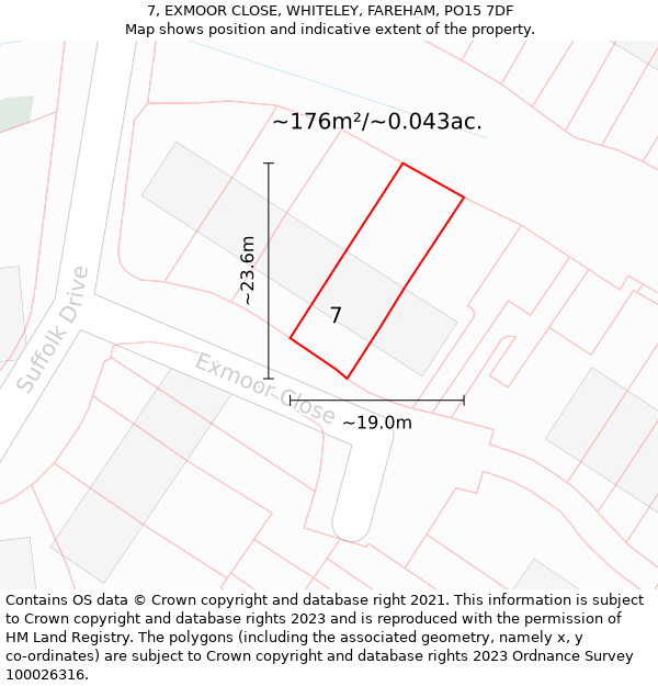 7, EXMOOR CLOSE, WHITELEY, FAREHAM, PO15 7DF: Plot and title map