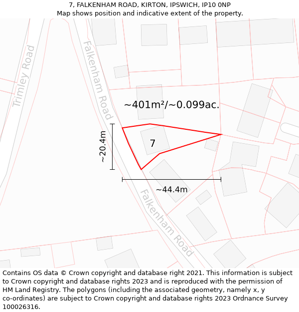 7, FALKENHAM ROAD, KIRTON, IPSWICH, IP10 0NP: Plot and title map