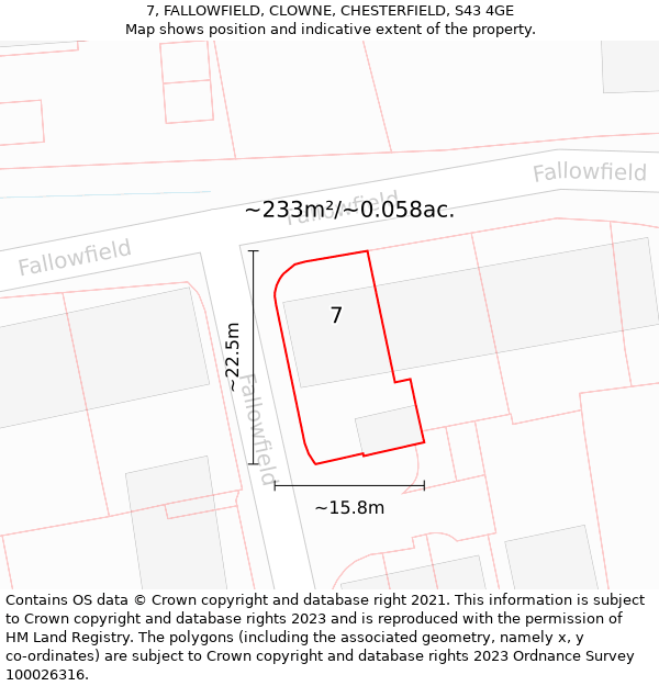 7, FALLOWFIELD, CLOWNE, CHESTERFIELD, S43 4GE: Plot and title map