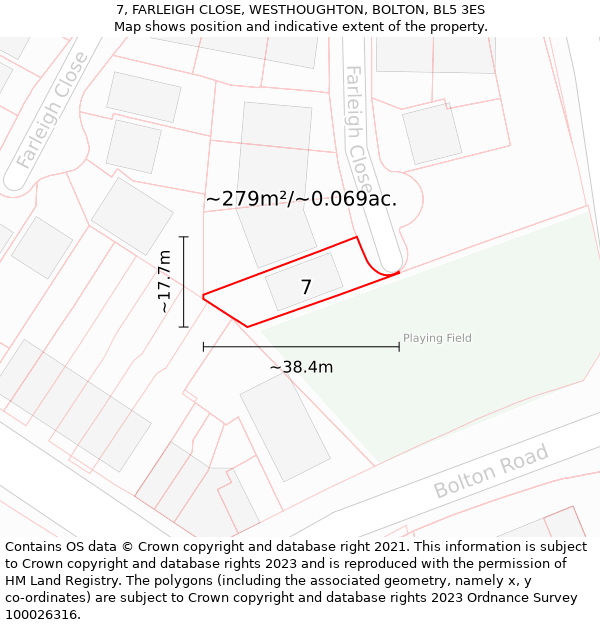 7, FARLEIGH CLOSE, WESTHOUGHTON, BOLTON, BL5 3ES: Plot and title map