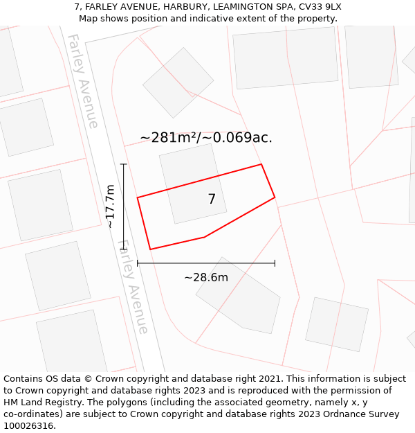 7, FARLEY AVENUE, HARBURY, LEAMINGTON SPA, CV33 9LX: Plot and title map