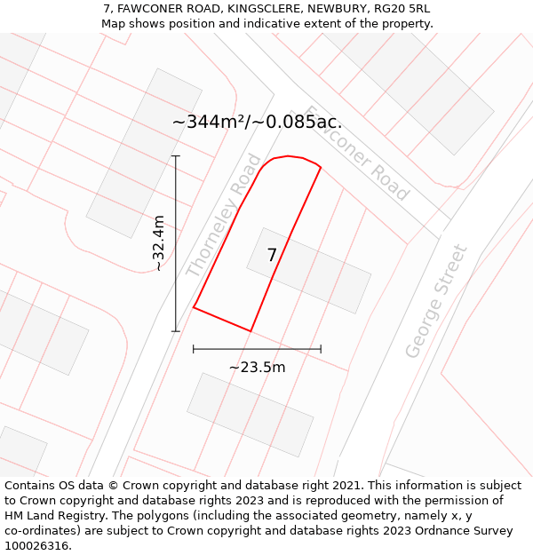 7, FAWCONER ROAD, KINGSCLERE, NEWBURY, RG20 5RL: Plot and title map