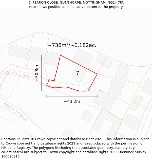 7, FEARON CLOSE, GUNTHORPE, NOTTINGHAM, NG14 7FA: Plot and title map