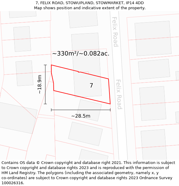 7, FELIX ROAD, STOWUPLAND, STOWMARKET, IP14 4DD: Plot and title map