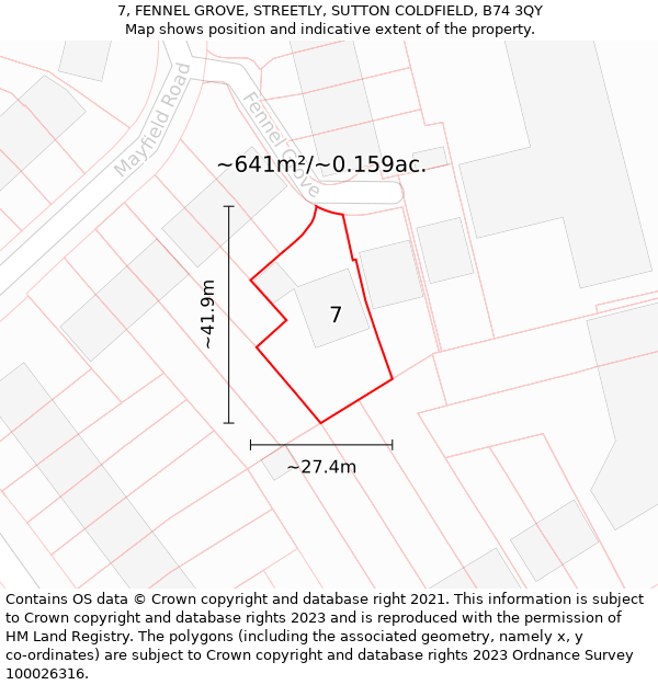 7, FENNEL GROVE, STREETLY, SUTTON COLDFIELD, B74 3QY: Plot and title map