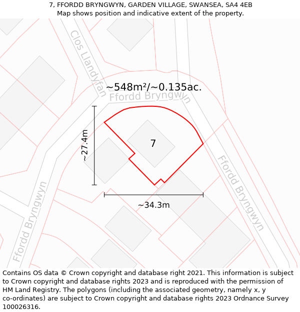 7, FFORDD BRYNGWYN, GARDEN VILLAGE, SWANSEA, SA4 4EB: Plot and title map