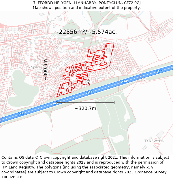 7, FFORDD HELYGEN, LLANHARRY, PONTYCLUN, CF72 9GJ: Plot and title map