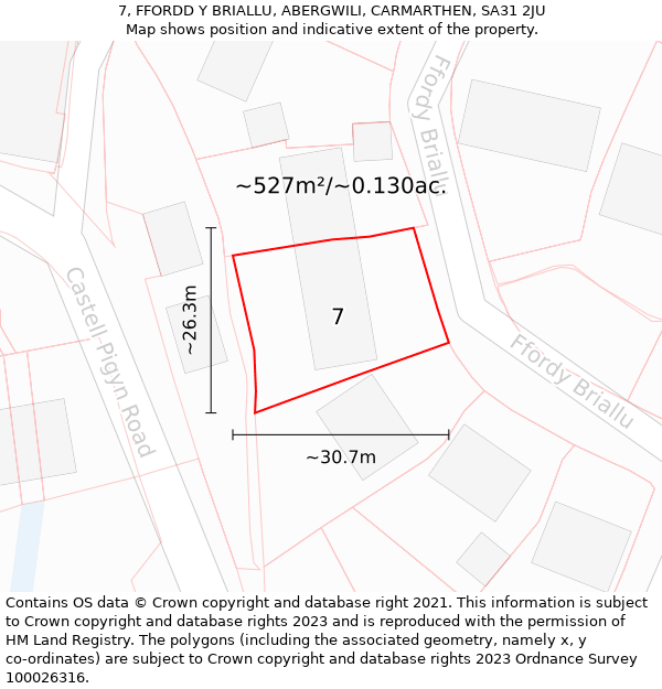 7, FFORDD Y BRIALLU, ABERGWILI, CARMARTHEN, SA31 2JU: Plot and title map