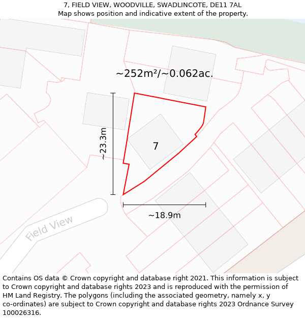 7, FIELD VIEW, WOODVILLE, SWADLINCOTE, DE11 7AL: Plot and title map